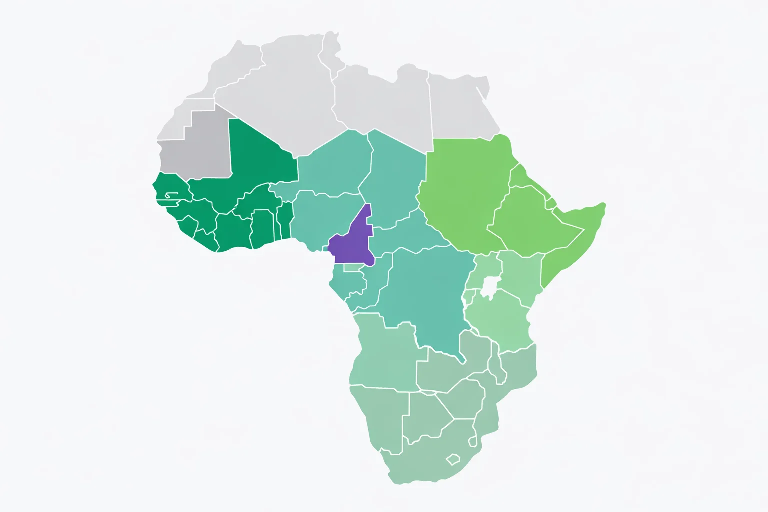 Interactive blank Africa map quiz showing country identification challenge with regional color coding