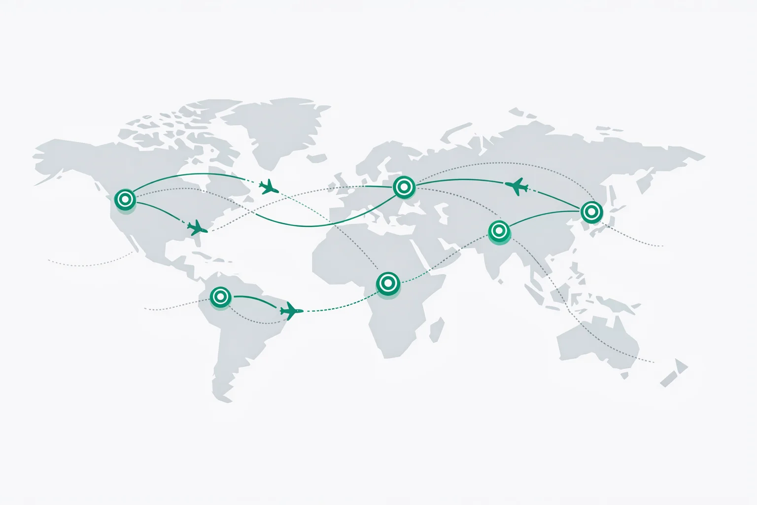 World map with curved flight paths linking airport markers across five continents