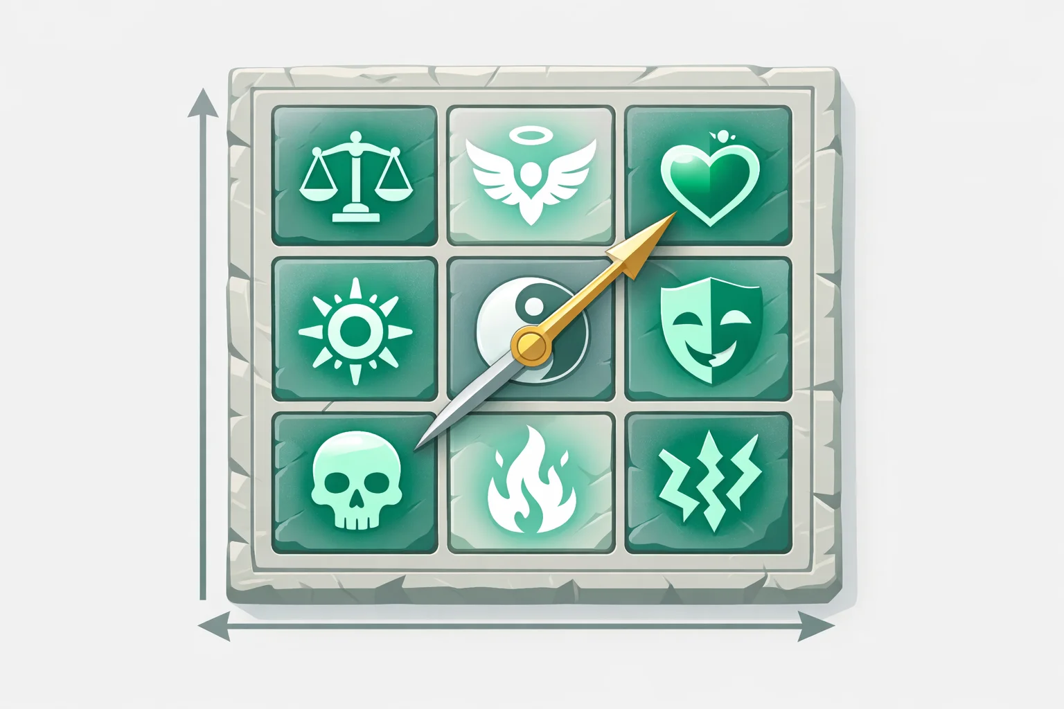Nine-cell D&D alignment grid carved as a stone tablet with a gold needle plotted between two cells