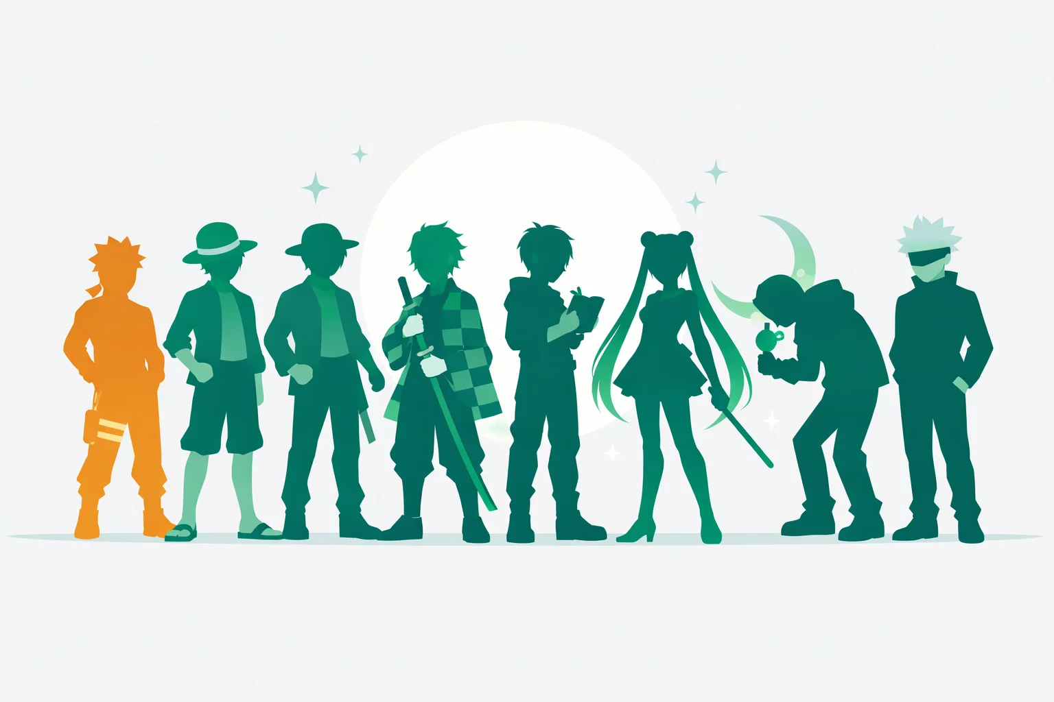 Eight anime character archetypes from different series lined up like a title card against a violet dusk sky