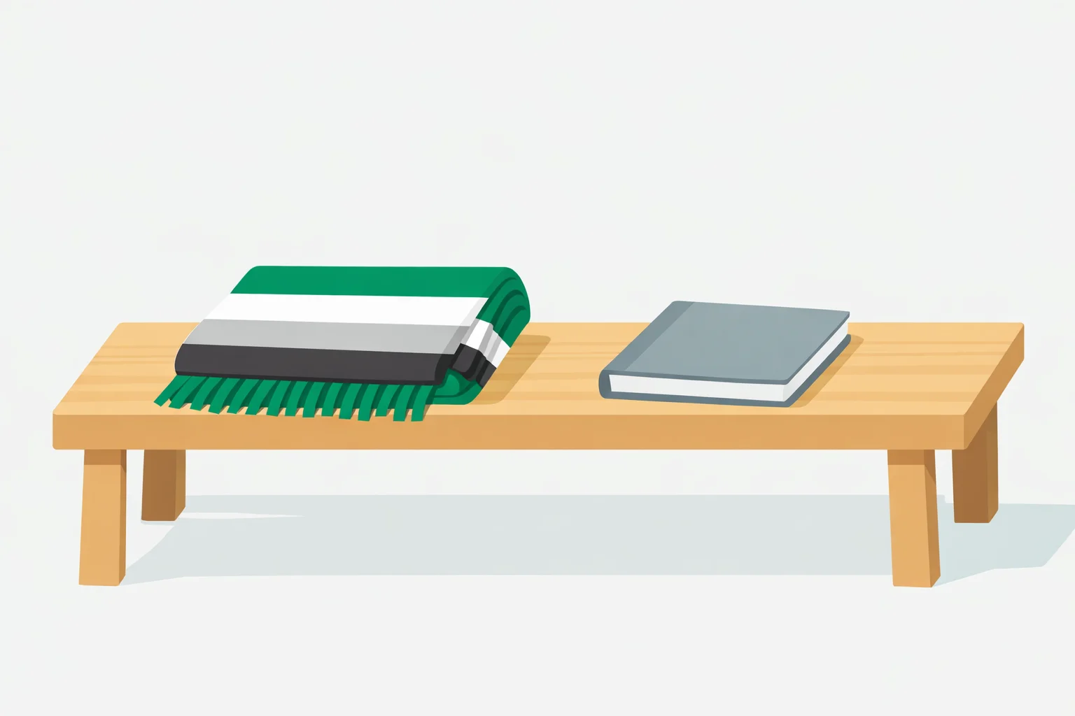 Flat illustration of a scarf striped green, white, grey and black, the aromantic flag colours, folded on a wooden bench next to a closed grey notebook