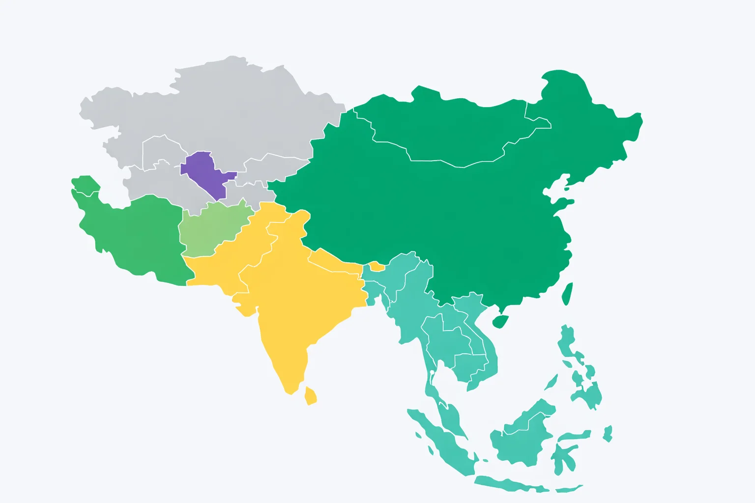 Interactive blank Asia map quiz showing country identification challenge with regional color coding across East, Southeast, South, Central, and Western Asia