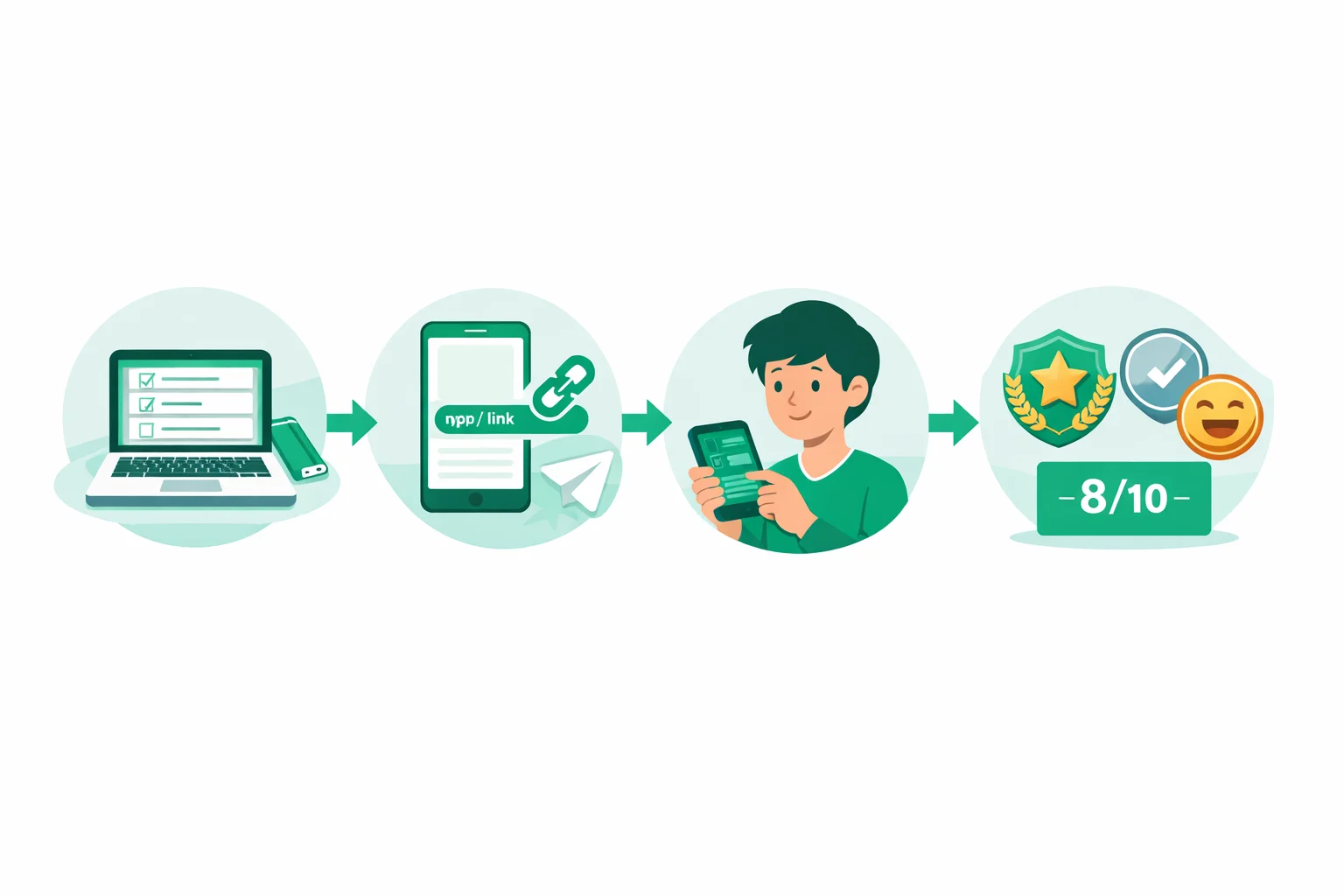 Four-step flow: build your best friend quiz, share the link, your friend guesses, see their friendship score