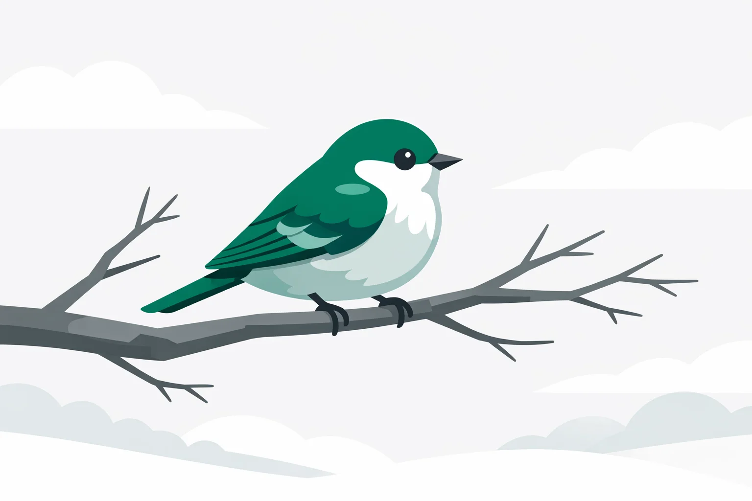 Small songbird perched on a bare branch against an overcast winter sky, shown in silhouette