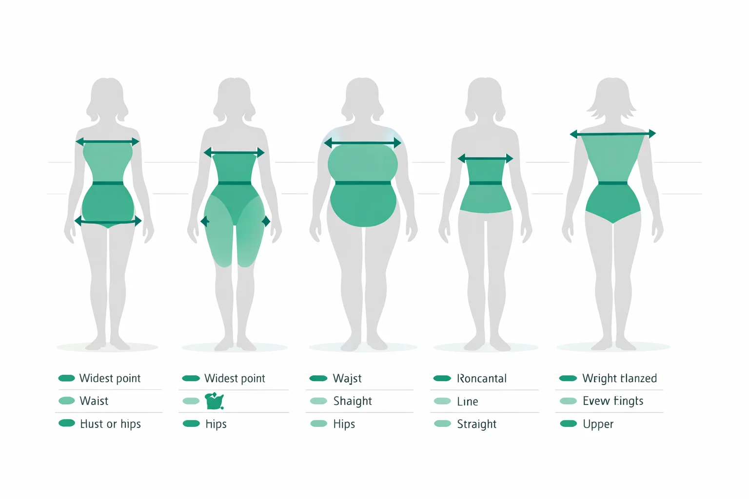 Five body shapes compared — hourglass, pear, apple, rectangle, and inverted triangle silhouettes