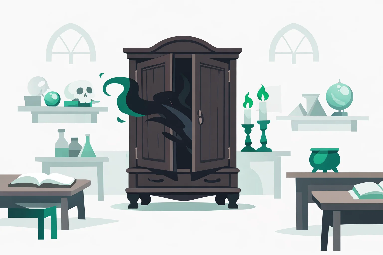 A rattling wardrobe in a candlelit Defence Against the Dark Arts classroom, shadow curling through the doors