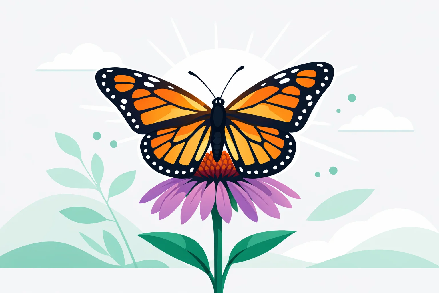 Monarch butterfly resting on a purple coneflower with wings open in summer light