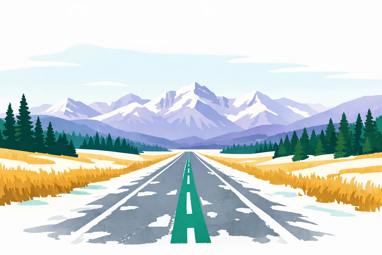 A snow-dusted Canadian prairie highway leading toward the Rocky Mountains under a wide blue sky