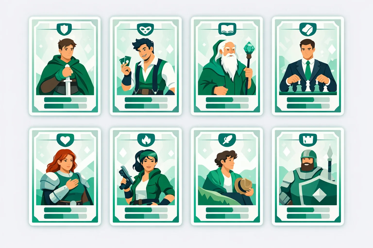 Eight fictional character archetype cards: reluctant hero, loyal heart, guardian, dreamer, rogue, rebel, mentor, mastermind