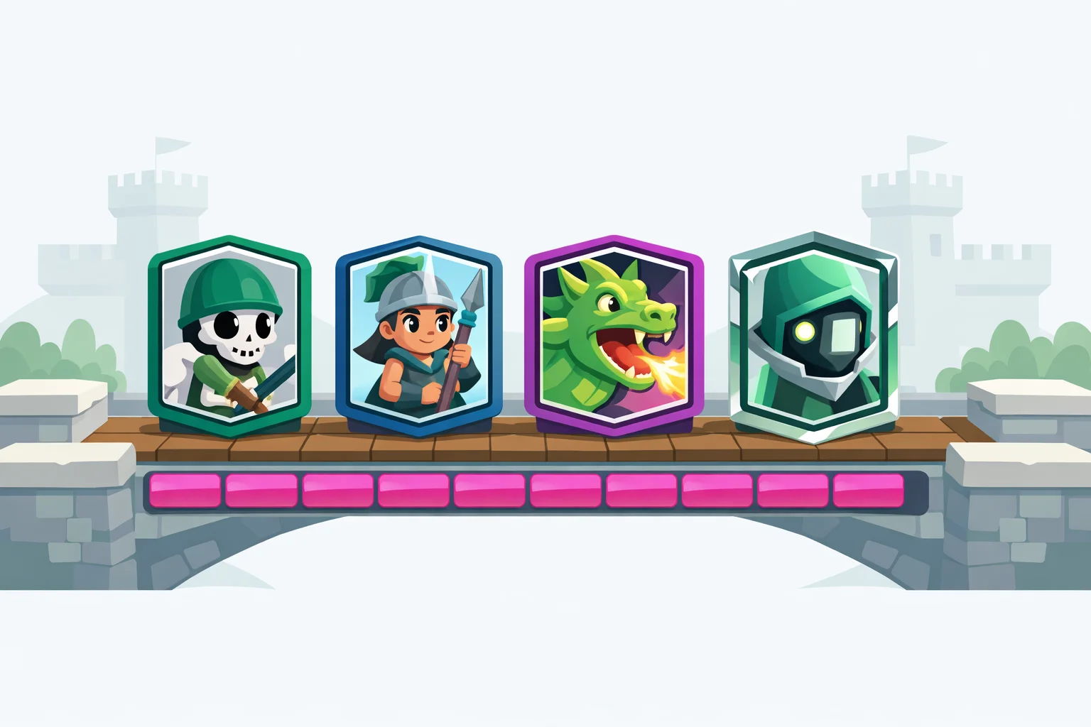 Clash Royale style card spread across an arena bridge with a pink elixir bar beneath