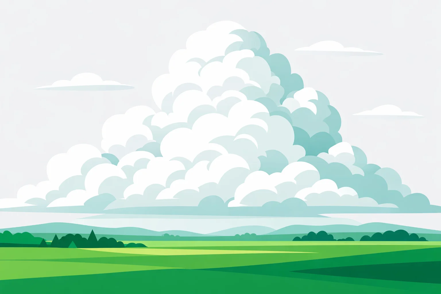 Towering white cumulus clouds building over a flat green landscape