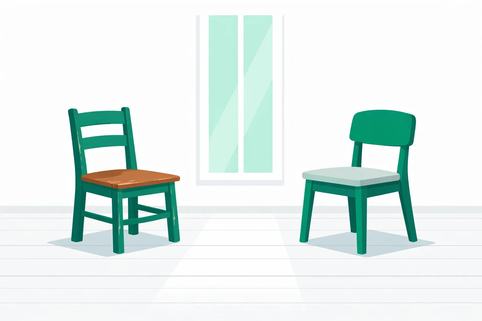 Two mismatched chairs facing each other in an empty room, illustrating the imbalance a codependency quiz measures