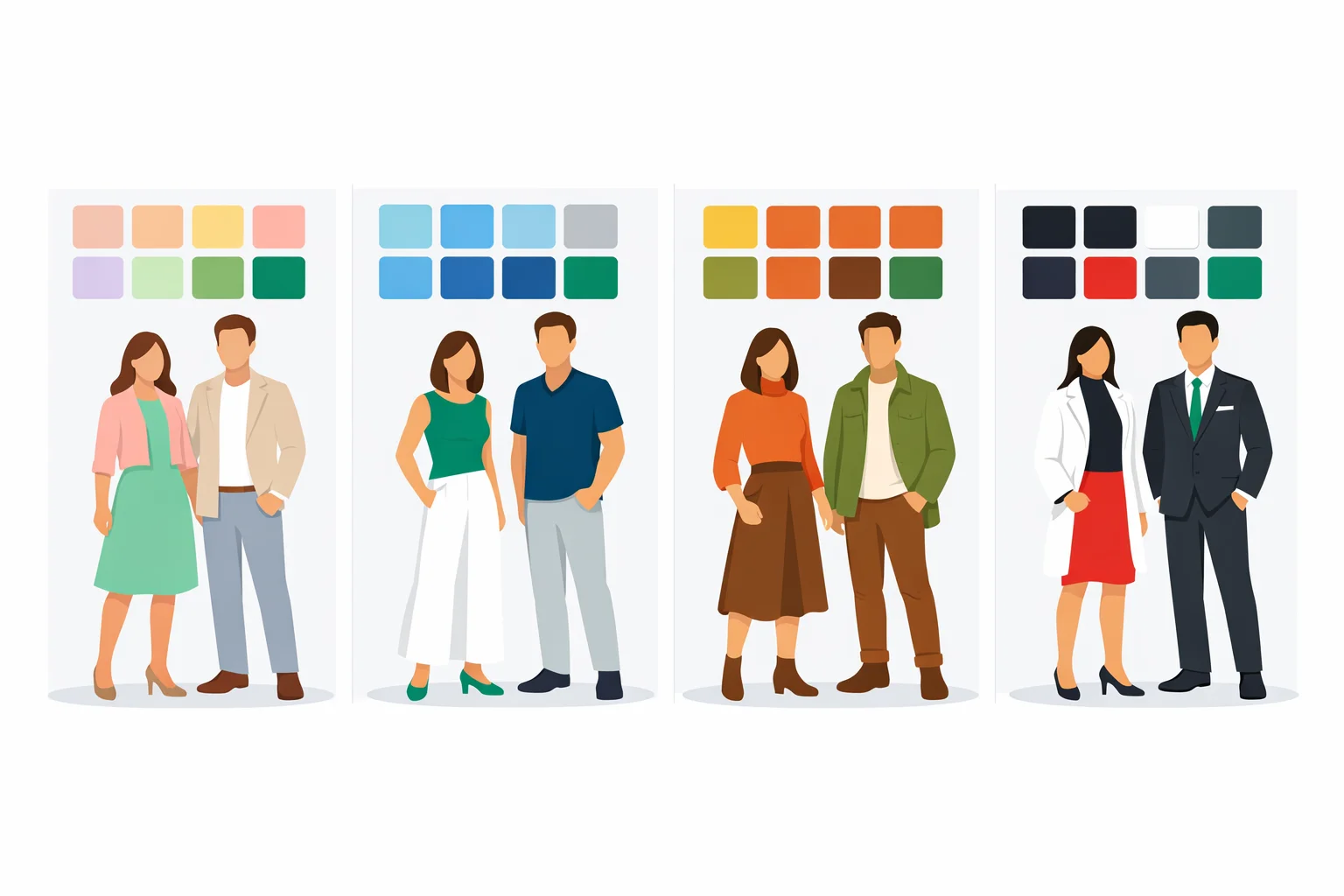 Spring, Summer, Autumn, and Winter seasonal color palettes shown side by side with example swatches