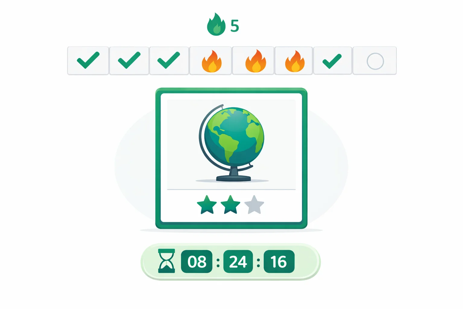 Daily geography quiz interface showing a streak calendar, today's challenge card with globe icon, and countdown timer