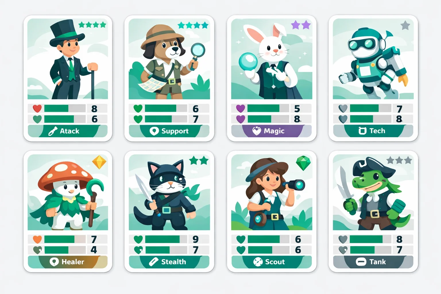 Dandy's World Toon roster shown as stat cards with rarity, abilities and star ratings