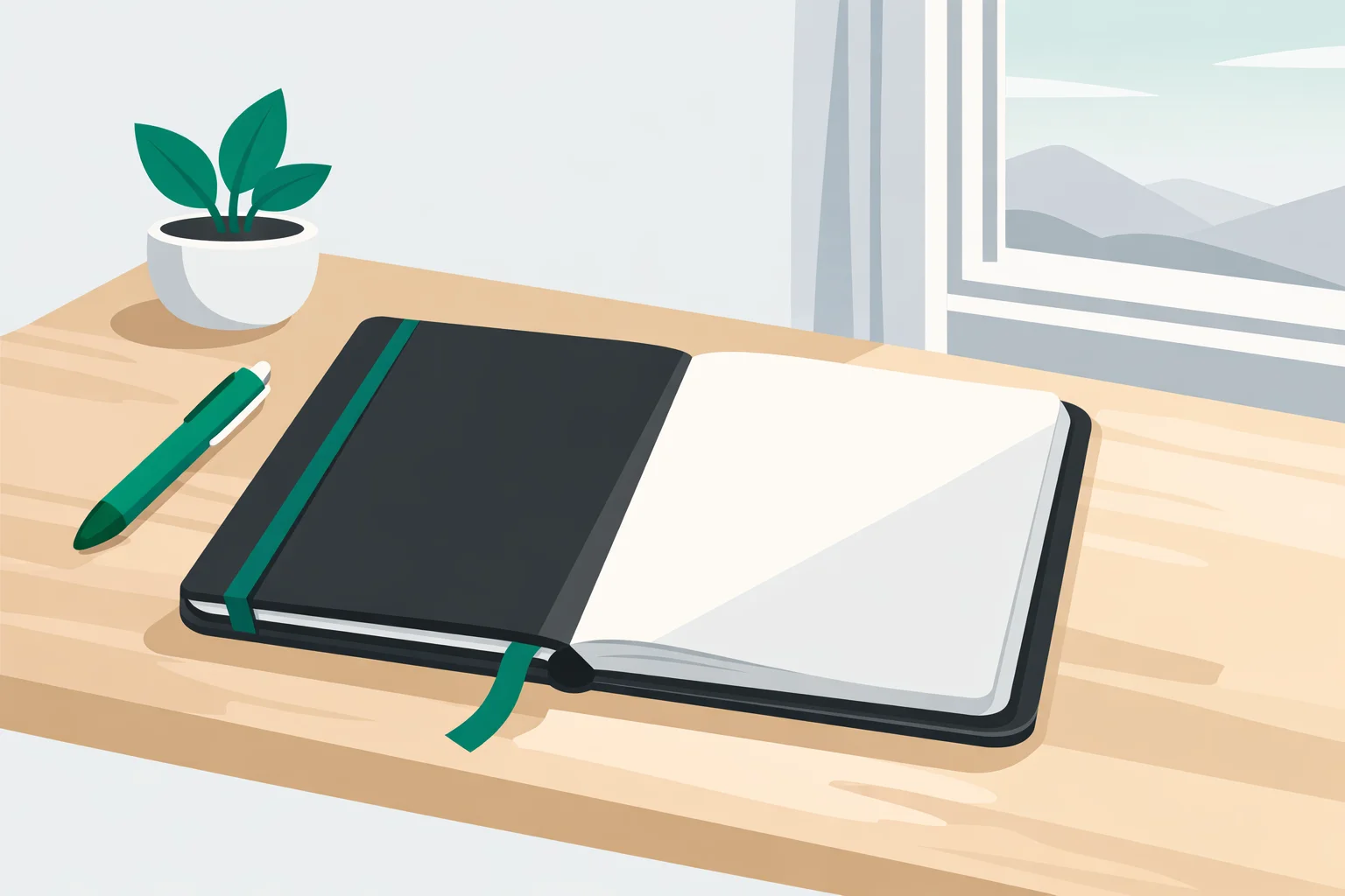 A black notebook open on a desk beside a window in grey evening light