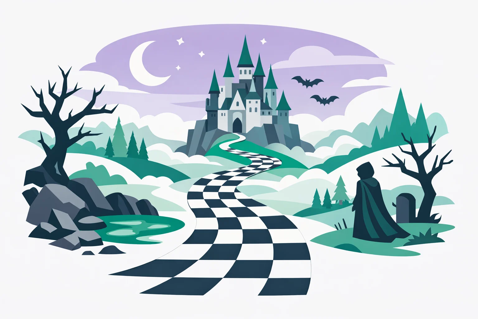 Checkered path leading toward a distant castle under a purple Dark World sky