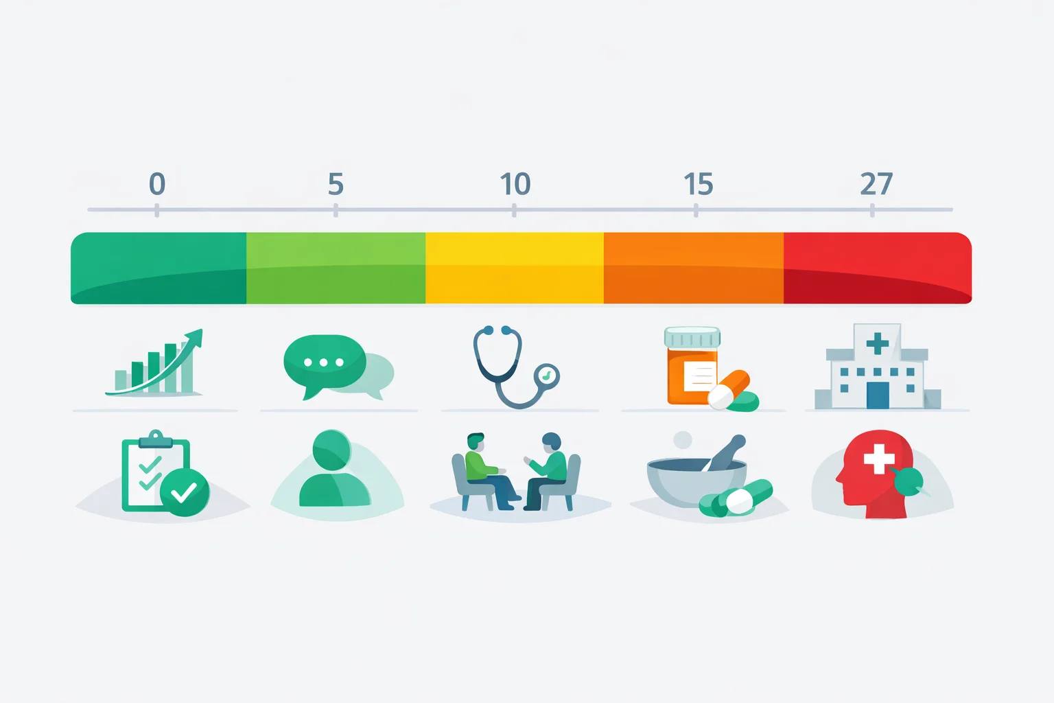 PHQ-9 depression severity scale from minimal to severe with score ranges 0 to 27 and the recommended next step at each level