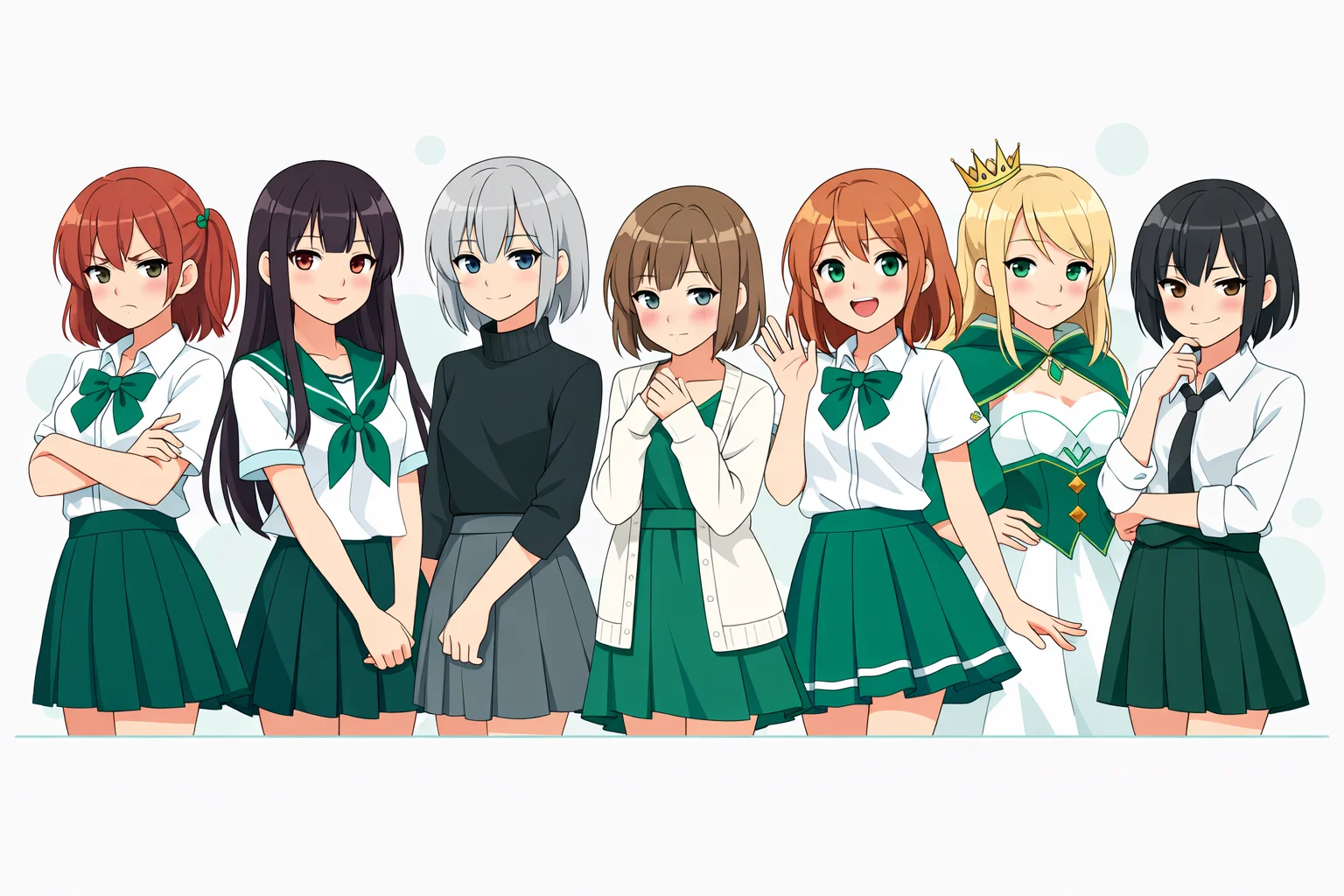 The seven dere types side by side: tsundere, yandere, kuudere, dandere, deredere, himedere, and sadodere