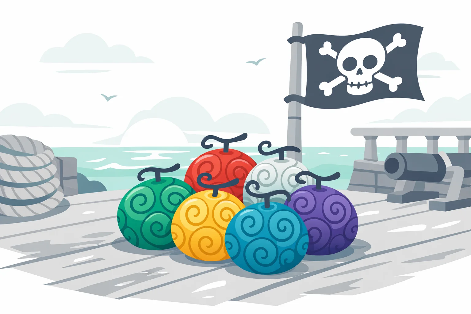 Spiral-patterned Devil Fruits on a pirate ship deck at dawn
