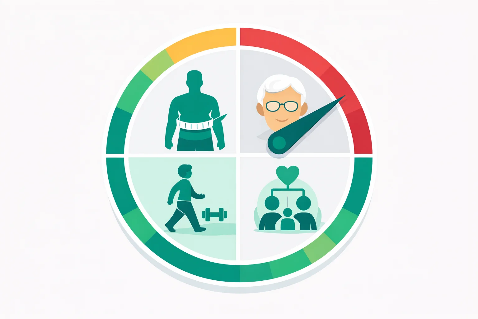 Diabetes risk factors wheel showing weight, age, waist size, and family history with risk level bands