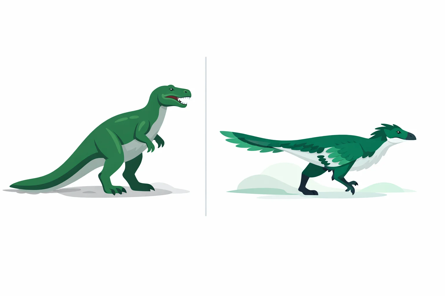 Outdated tail-dragging dinosaur next to a modern feathered reconstruction
