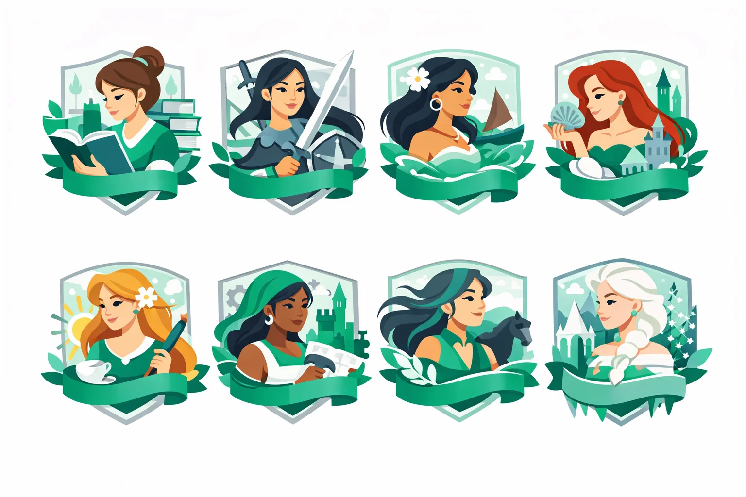 Disney princess quiz personality crests for eight types, from a bookish reader to a warrior and an ocean voyager