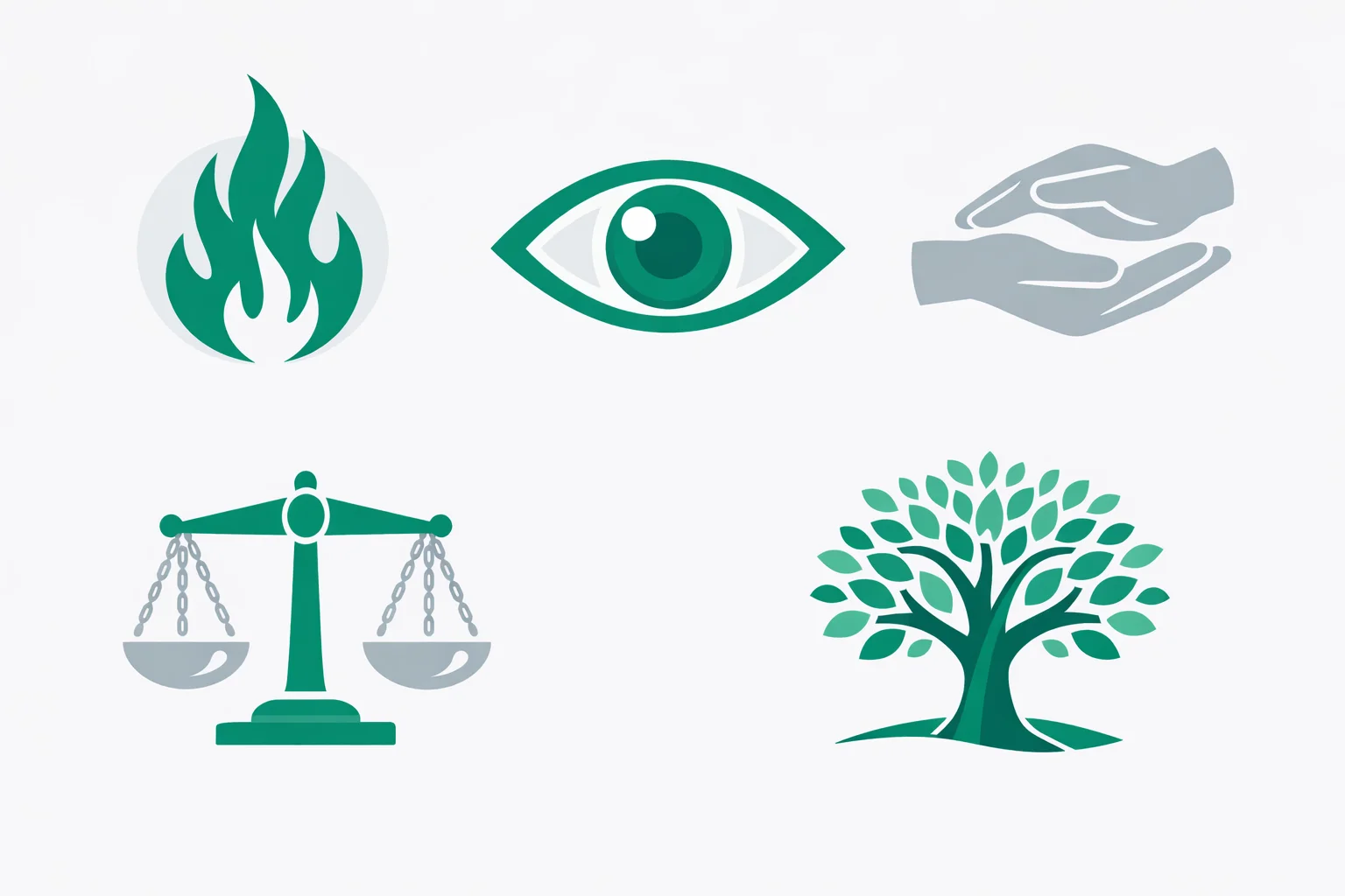 Five Divergent faction symbols with their virtues — Dauntless flames, Erudite eye, Abnegation hands, Candor scales, Amity tree