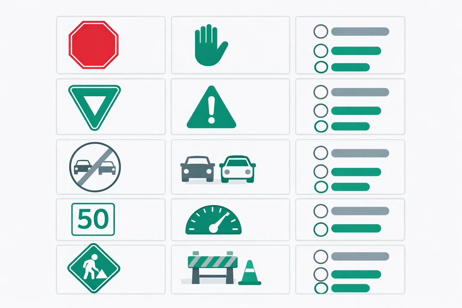 Road sign identification guide with common DMV test signs including stop, yield, no passing, speed limit, and construction zone signs