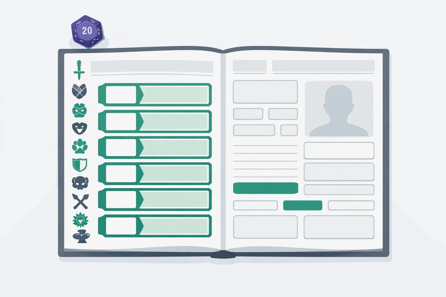 Character sheet with six inked ability score boxes, a violet d20 and thirteen class emblems