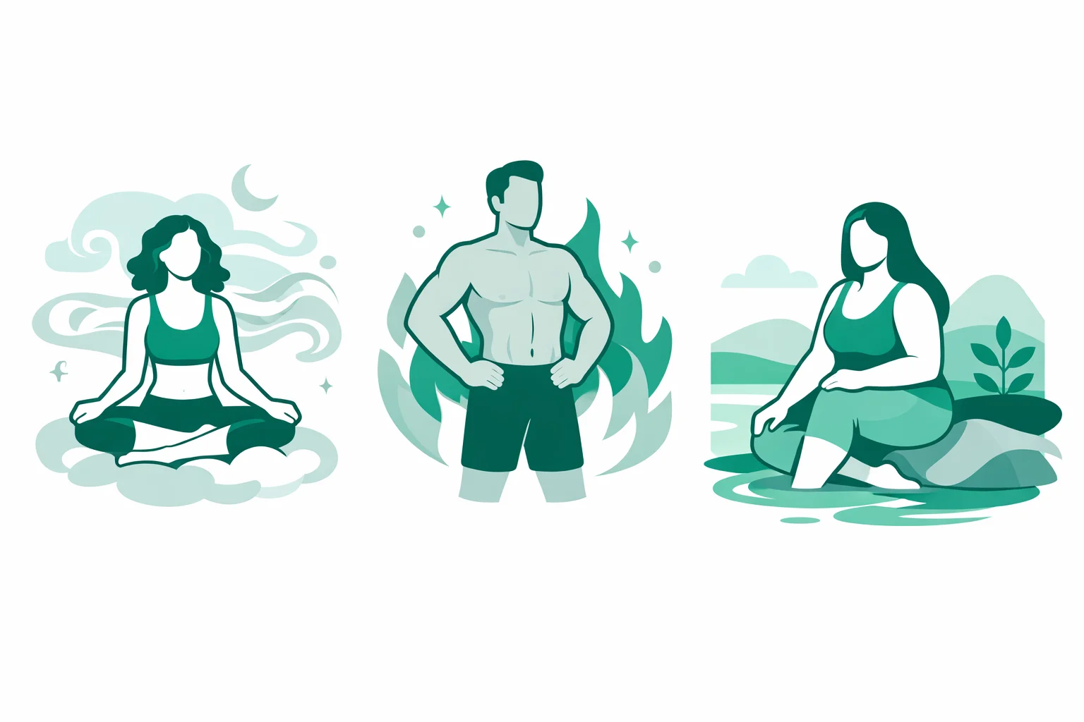 Vata, Pitta, and Kapha doshas shown by element — air, fire, and earth — with each type's qualities