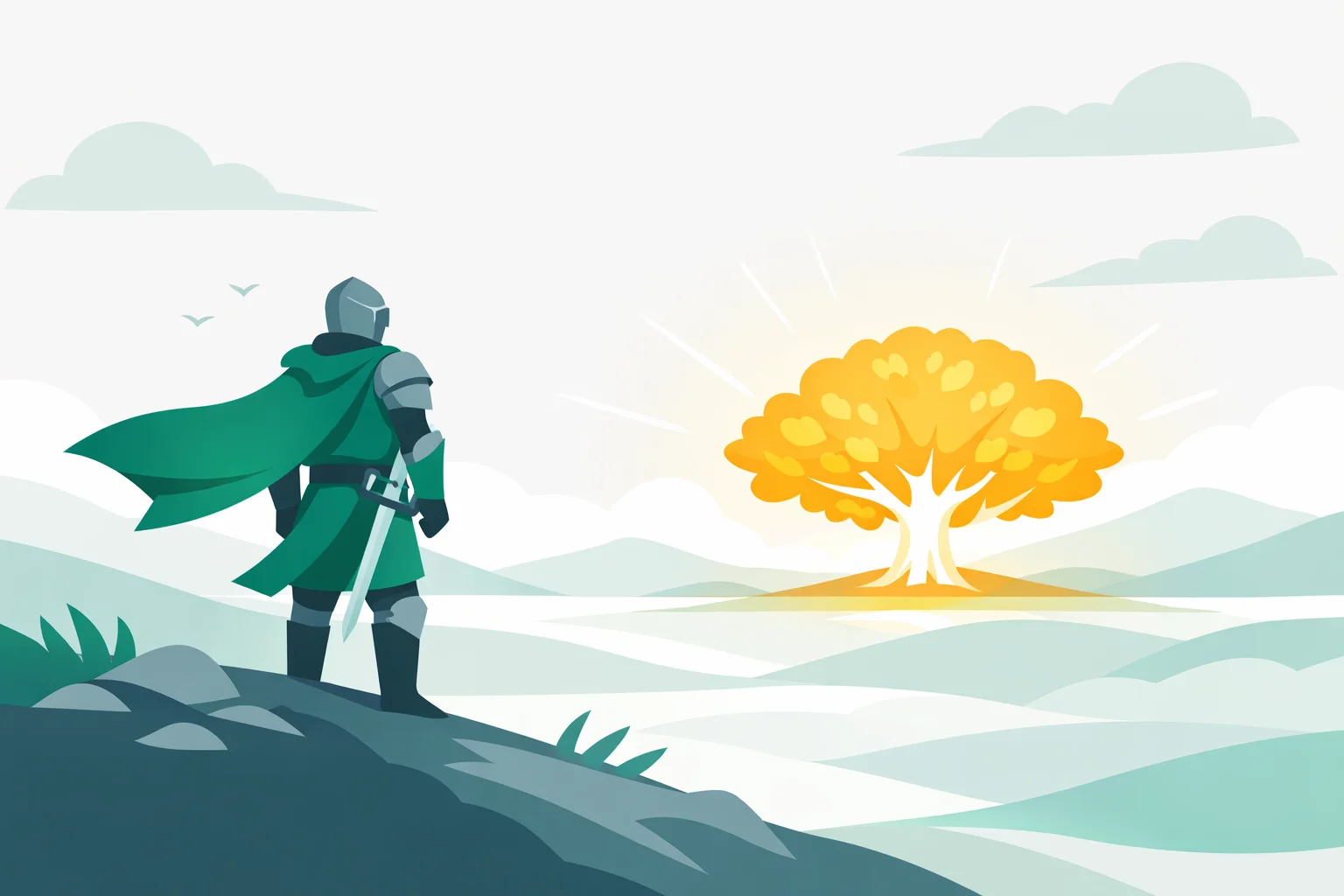 A lone armoured figure on a ridge looking out at a vast golden tree glowing on the horizon