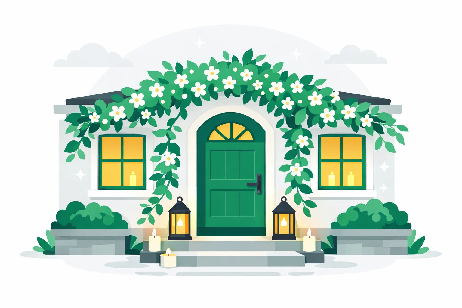 Candlelit house front wrapped in flowering vines, its windows glowing warm at dusk