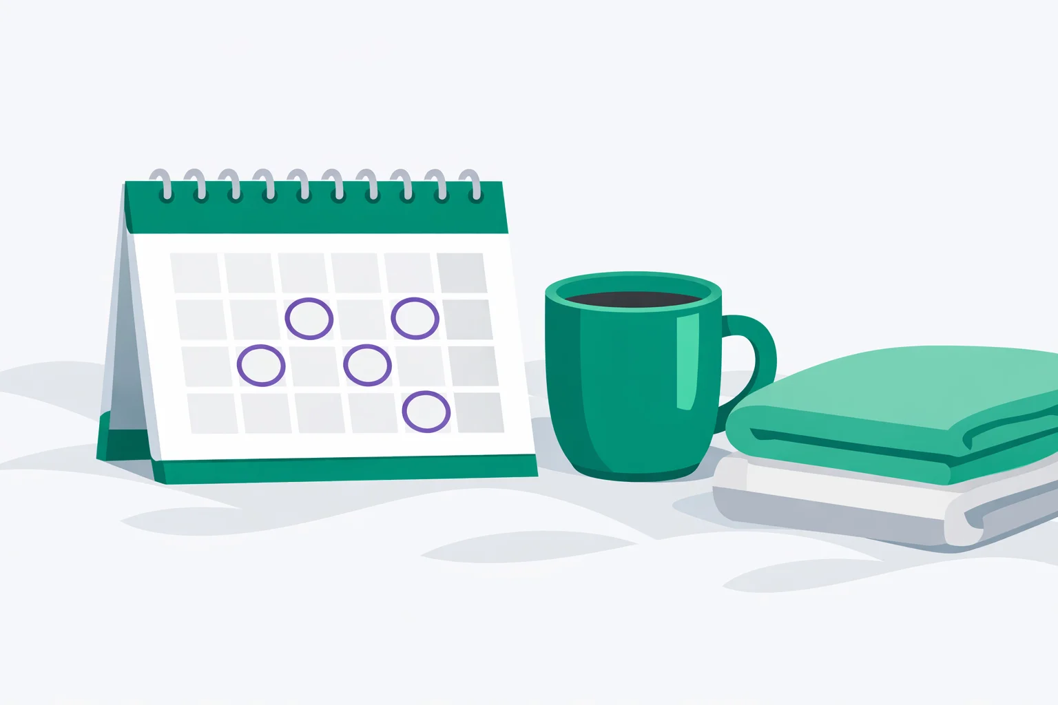 Calendar with several days circled in violet beside a mug and folded blanket, representing cycle symptom tracking