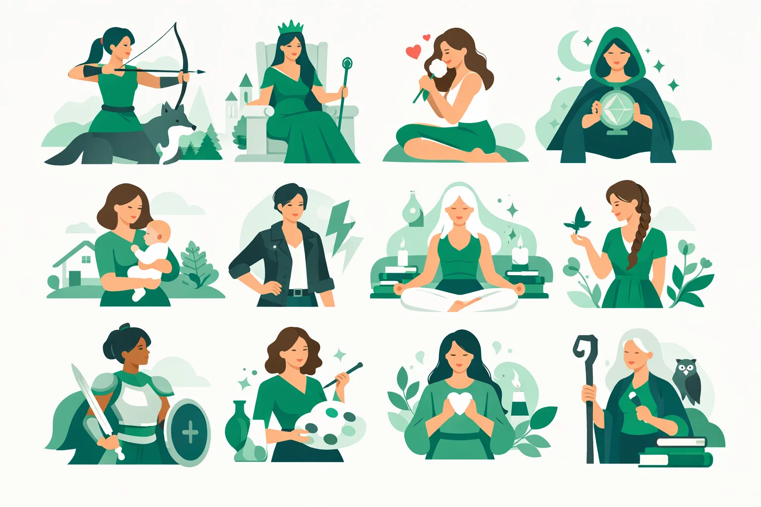 The 12 female archetypes shown as distinct figures with symbolic elements