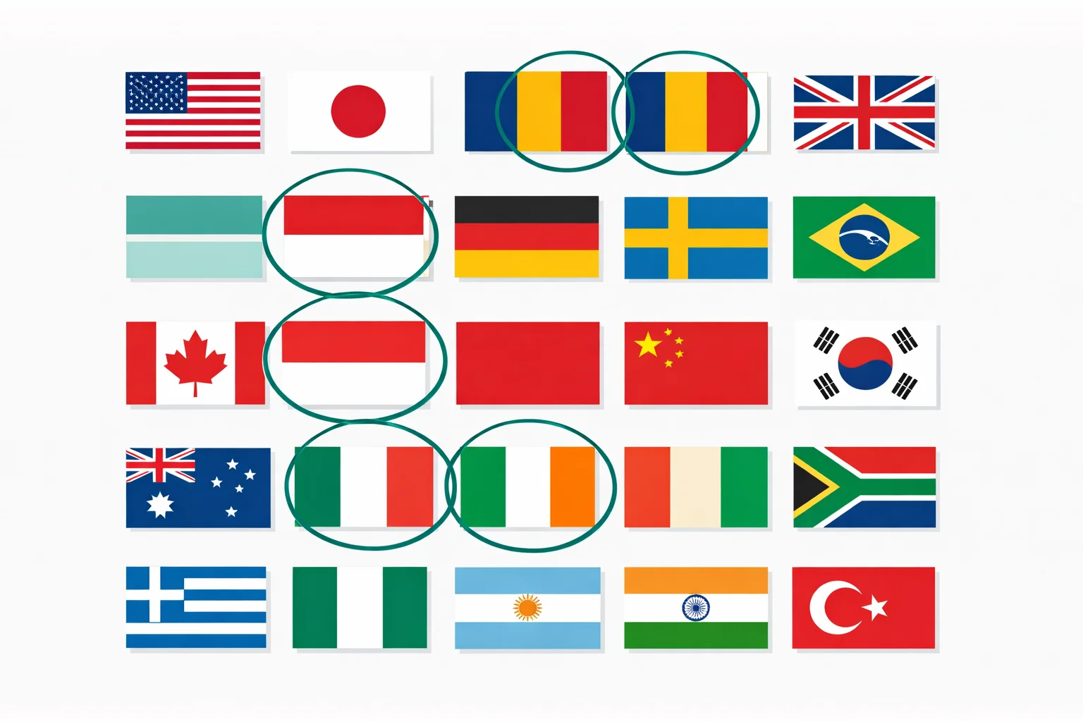 Grid of country flags from around the world with look-alike pairs highlighted