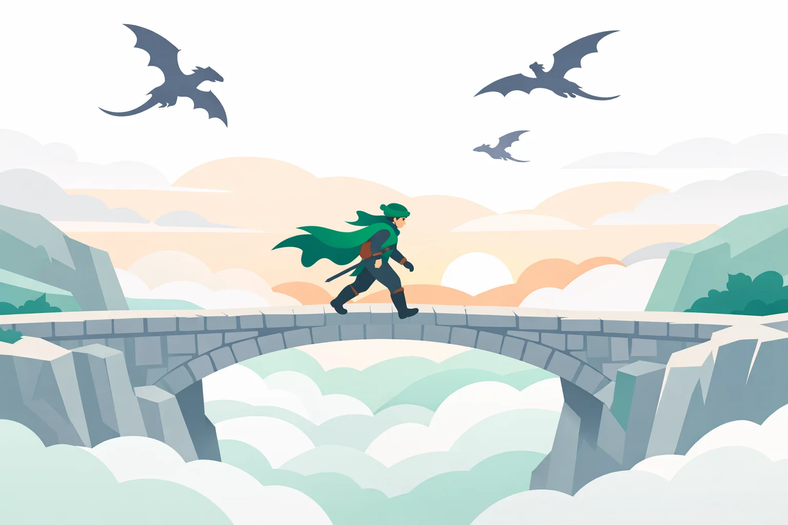 A cadet crossing the parapet at dawn with dragons circling above the valley at Basgiath War College