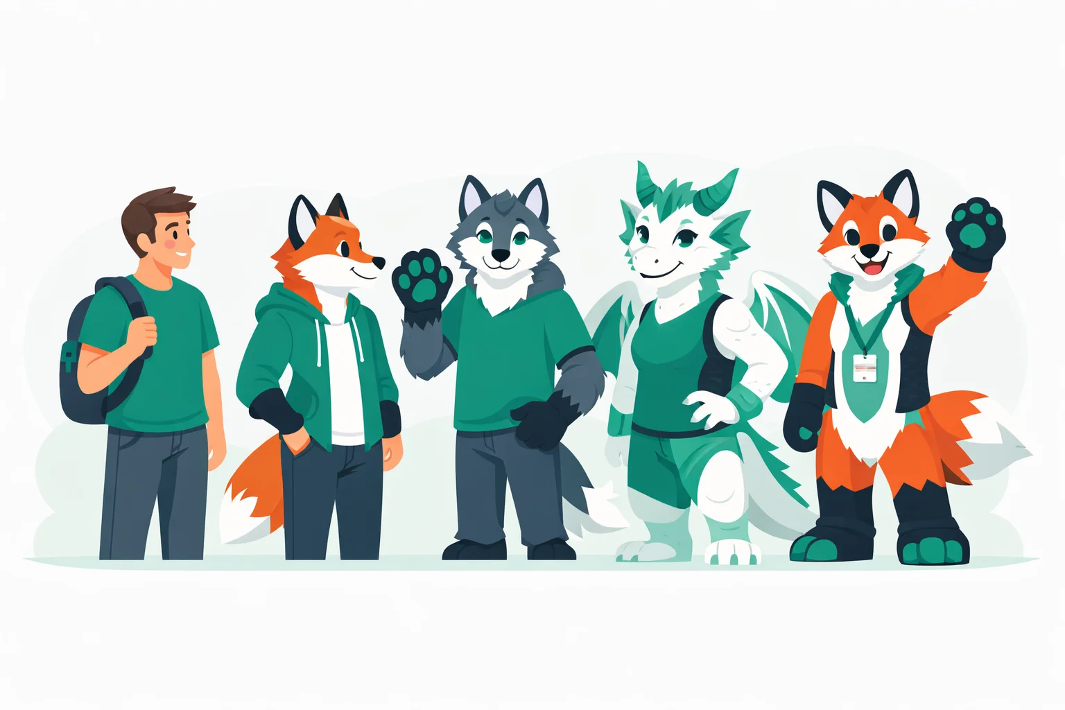 Furry spectrum from curious outsider to fully suited con-going furry with fox, wolf, and dragon fursonas