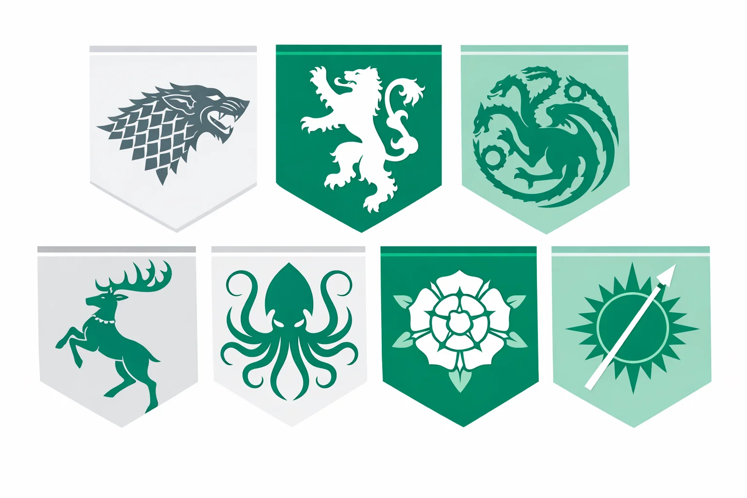 Sigils of the seven Great Houses of Westeros arranged as heraldic banners
