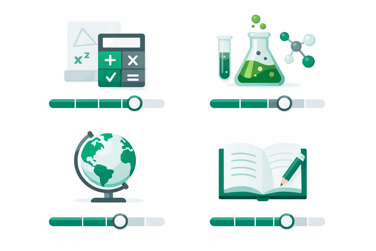 GED practice quiz subjects overview showing math, science, social studies, and language arts with progress bars