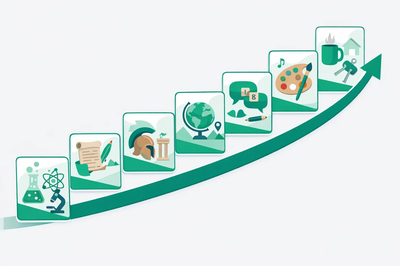 Difficulty curve for a 25-question general knowledge quiz across six subjects