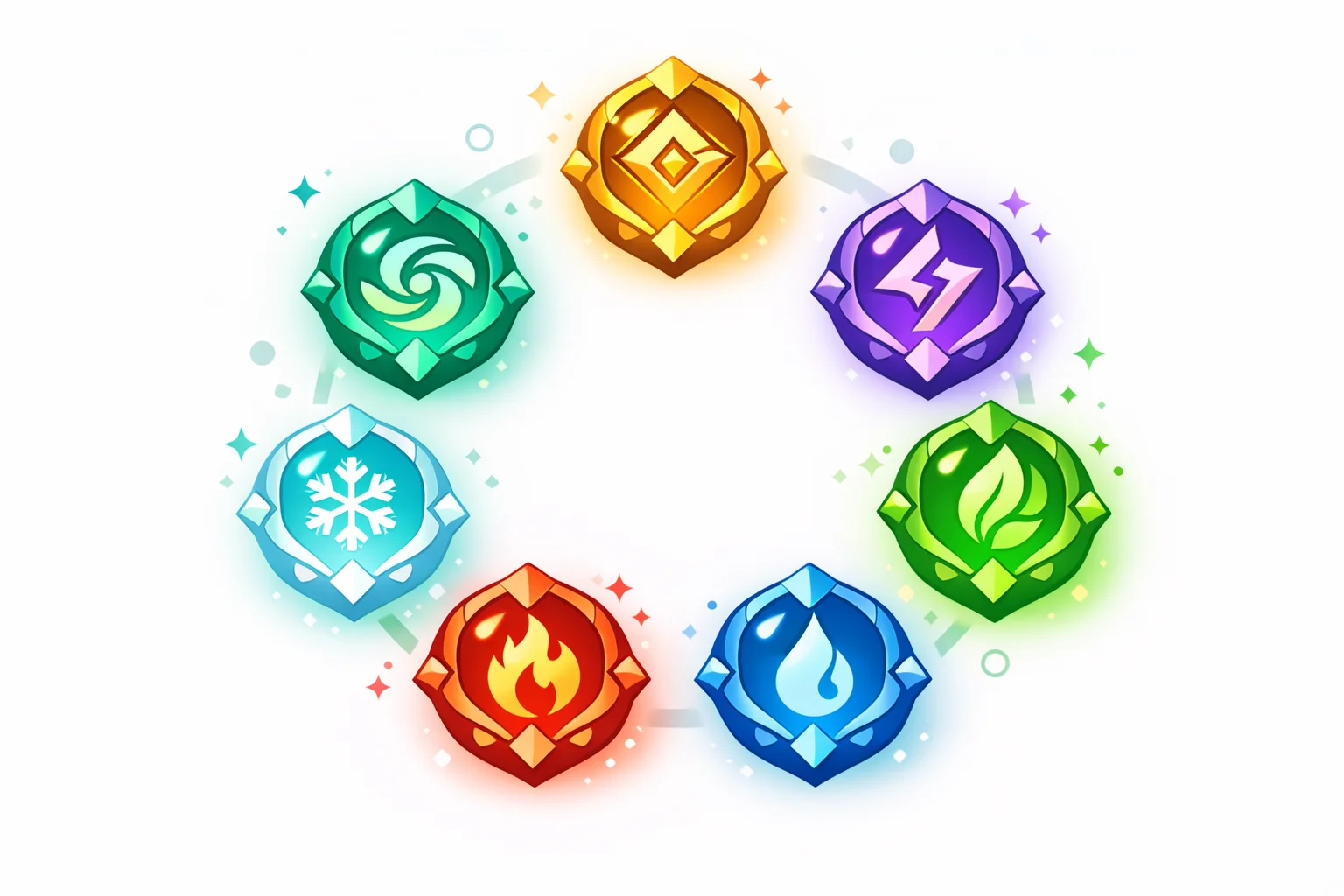 The seven Genshin Impact Vision gems arranged in a ring, each labelled with its Archon's ideal