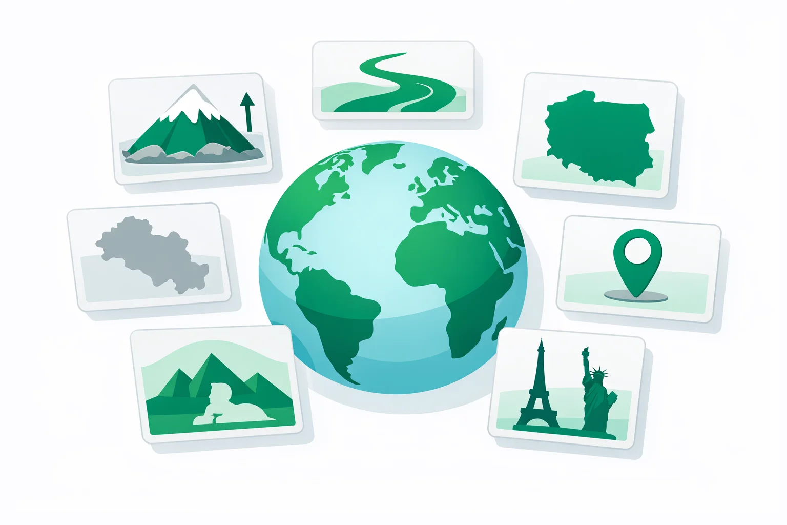 World geography quiz visual guide — globe with floating question cards about capitals, mountains, rivers, and borders