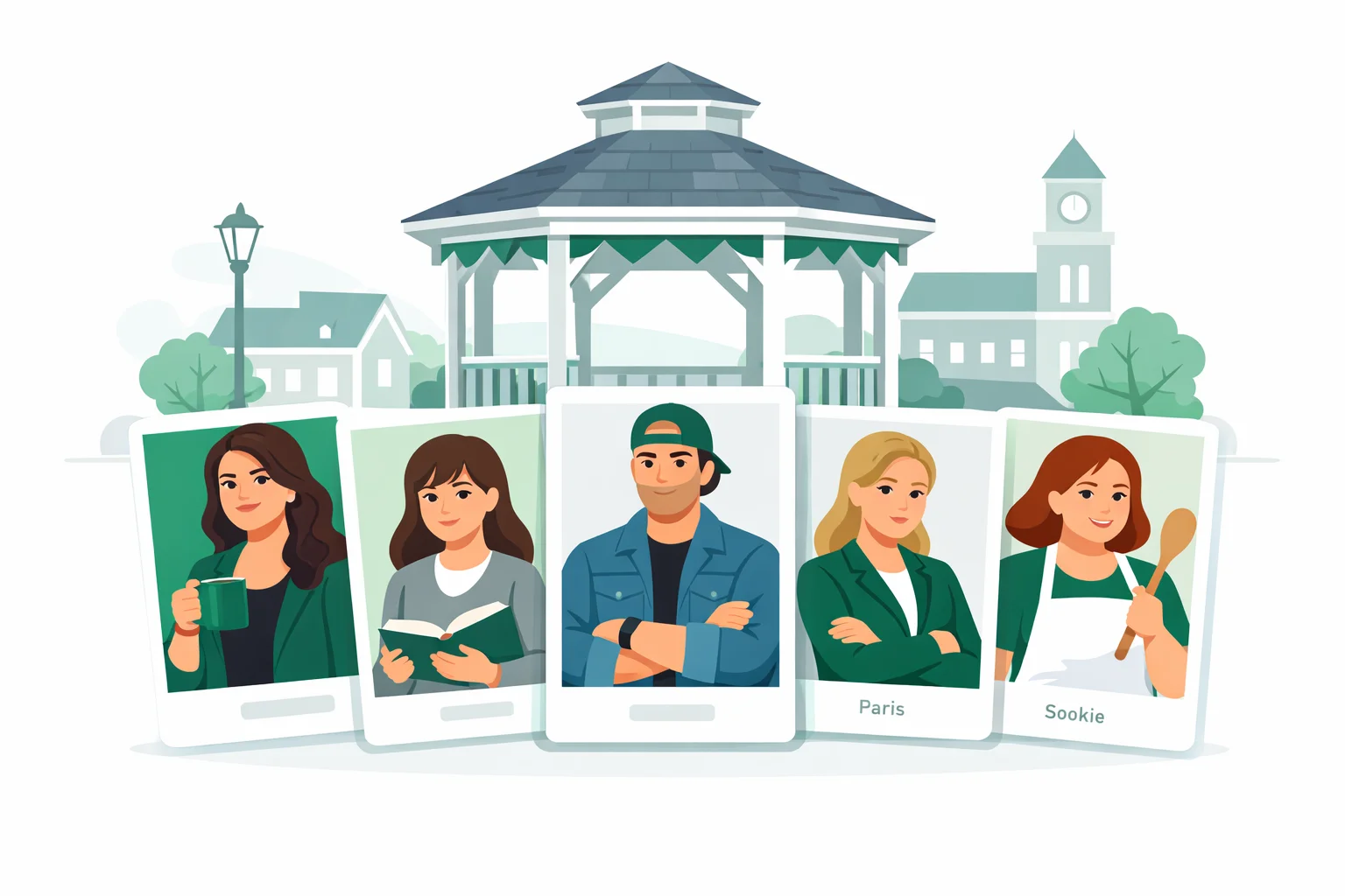 Stars Hollow gazebo scene with personality cards for five Gilmore Girls characters