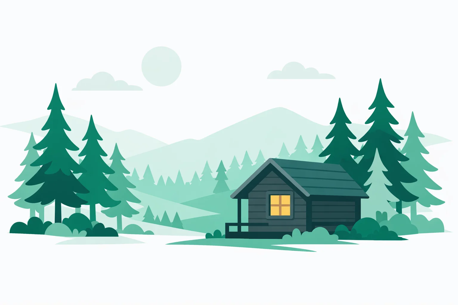 Pine forest at dusk with a wooden shack and one lit window among the trees