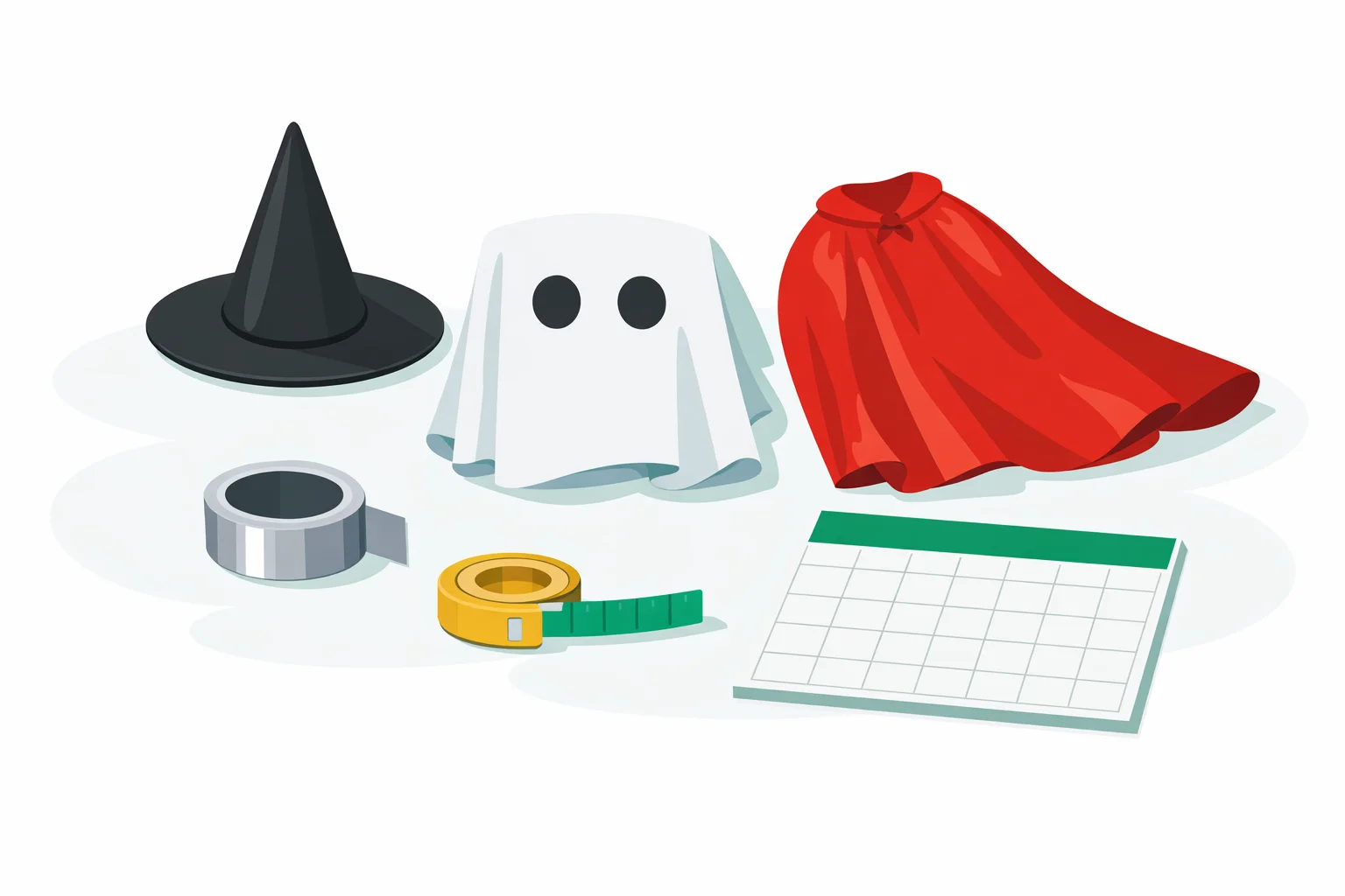 Illustration of Halloween costume pieces laid out for a decision: a witch’s hat, a white sheet with eye holes, a red cape, a roll of reflective tape, a tape measure and a blank calendar