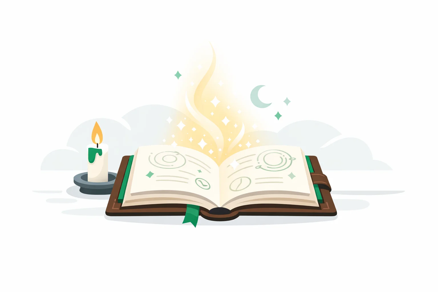 An open spellbook with golden magical light, a green bookmark and a candle beside it