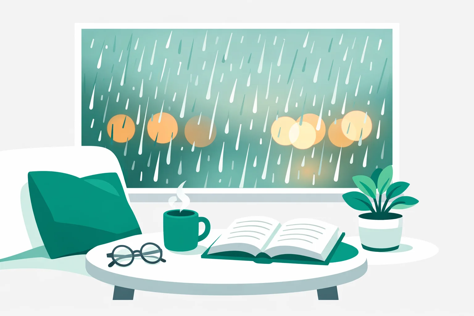 Rain-streaked window with blurred warm lights and a quiet reading nook, illustrating high sensitivity
