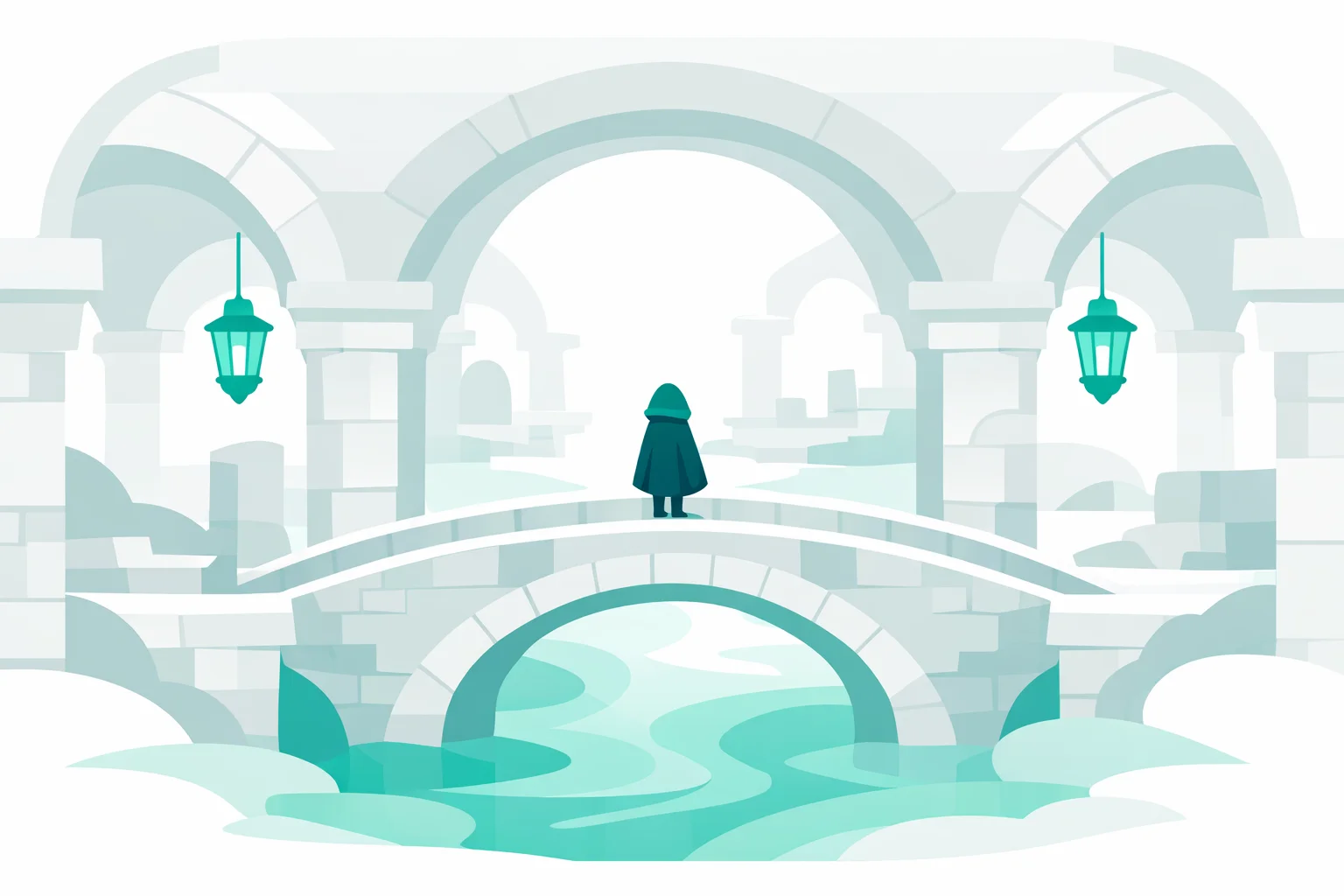Lantern-lit Hallownest ruin with a small cloaked figure on a stone bridge above blue mist