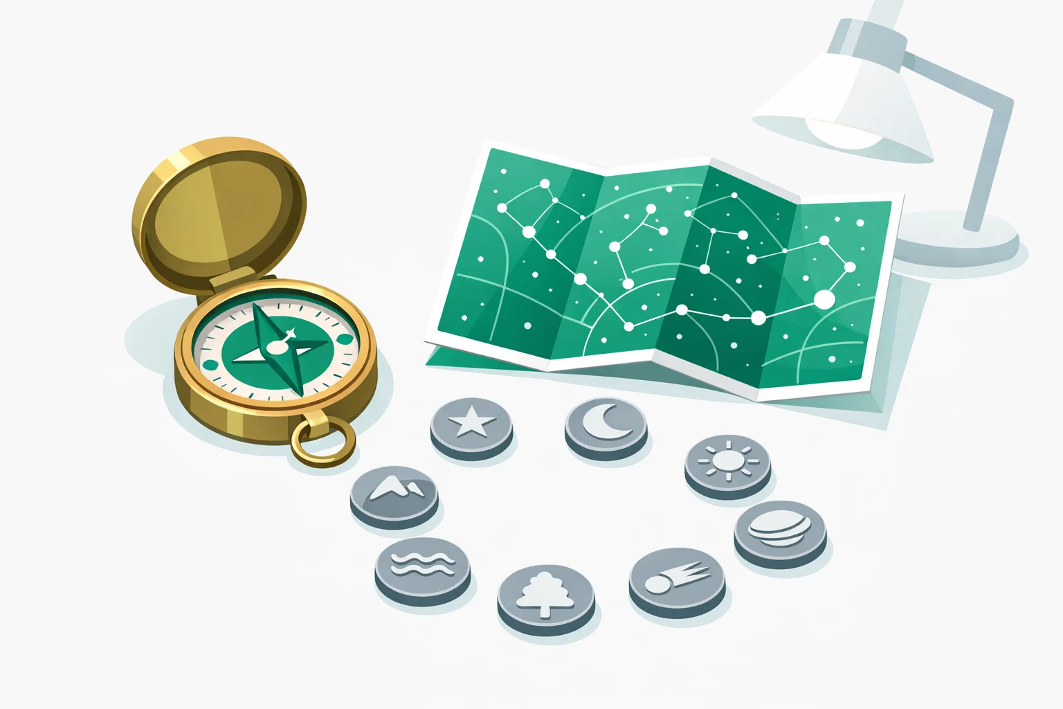 Brass railway compass and folded star chart beside eight engraved Path tokens arranged in a ring